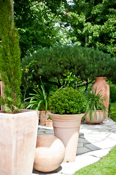 Plants in terracotta pots create a Mediterranean flair on the terrace